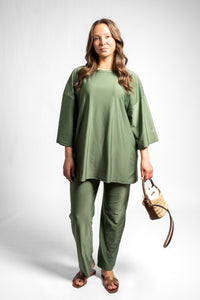 Olive green with wide pants