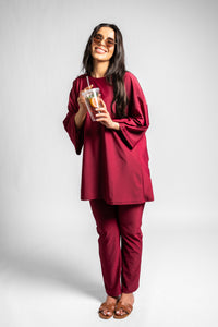 Burgundy with loose fit legging