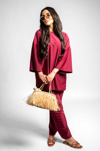 Burgundy with wide pants
